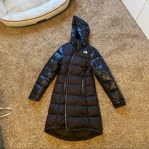 Womens black north face long puffer jacket